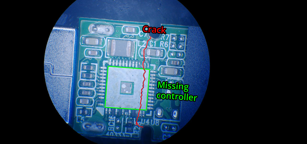 Microscopic view of a broken 128GB Lexar flash drive